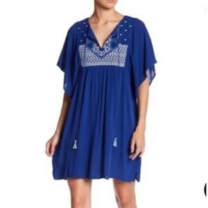 LOVESTITCH Flutter Sleeve Boho Mini Dress Tassel Tie Front Royal Blue Size Small